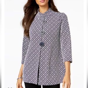 JM Collection Geometric Black & White Mandrin Collar 3 Button‎ Jacket Sz L NWT